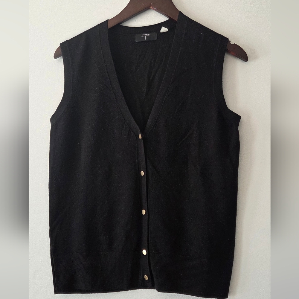 TAHARI Black Knit Size M Top With Gold Buttons